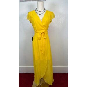 Bebe Yellow Plunging V-Neck Wrap Maxi Dress Size 2 NWT Flowy Formal Resortwear